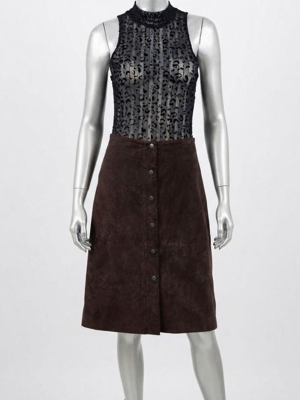 Vintage Brown Suede Leather A-Line Skirt Snap Front High Waist Boho Western